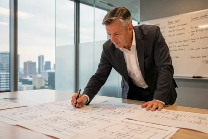 DSI analysant des schémas de base de données et diagrammes MCD sur une table de réunion pour auditer un système d'information géographique existant