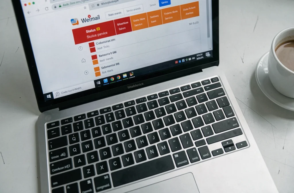Écran d'ordinateur affichant une page de statut de service de messagerie avec des indicateurs d'erreur rouges et oranges