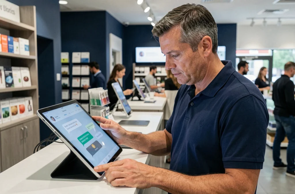 Un employé en magasin consultant un chatbot sur une tablette pour assister les clients dans un point de vente physique