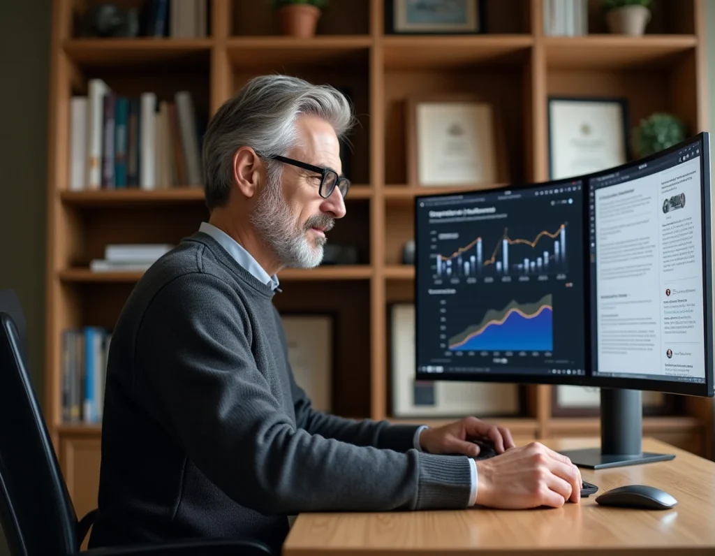 Entrepreneur en télétravail consultant un blog spécialisé pour suivre les tendances et mutations de son secteur d'activité