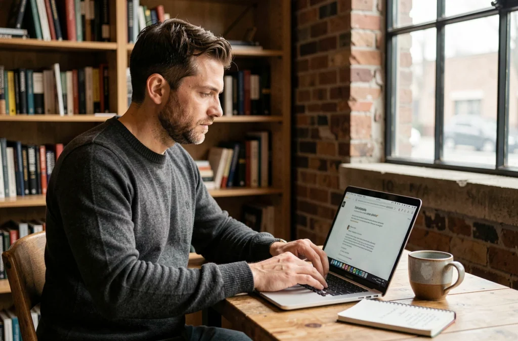 Entrepreneur dans le secteur des logiciels rédigeant un article de blog pour sa stratégie de content marketing dans un espace de coworking