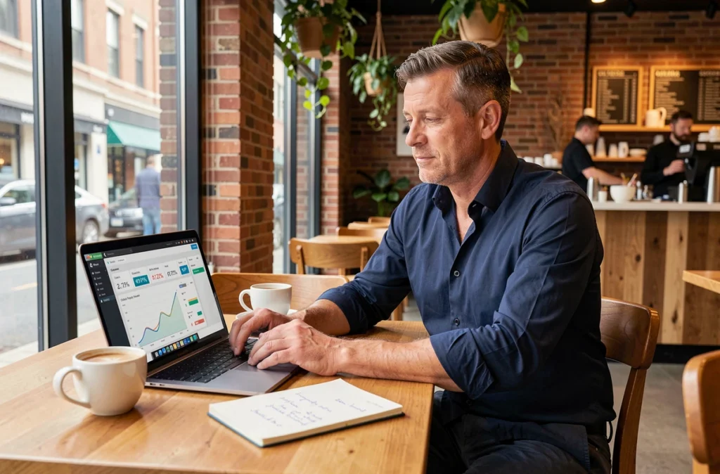 Entrepreneur masculin consultant les indicateurs de performance ROI d'une campagne email sur son ordinateur portable dans un café