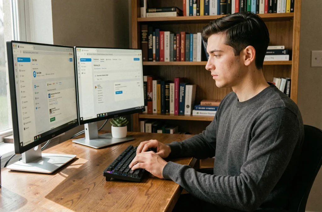 Entrepreneur en télétravail gérant des outils de marketing automation depuis son bureau à domicile
