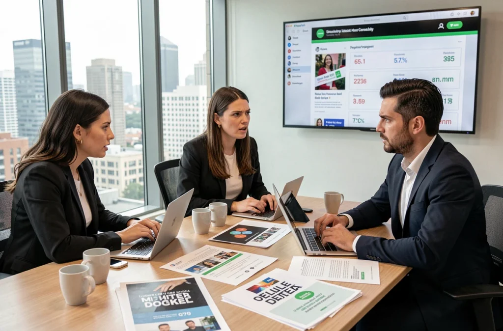 Équipe marketing discutant des erreurs fréquentes lors d'une campagne publicitaire digitale en réunion
