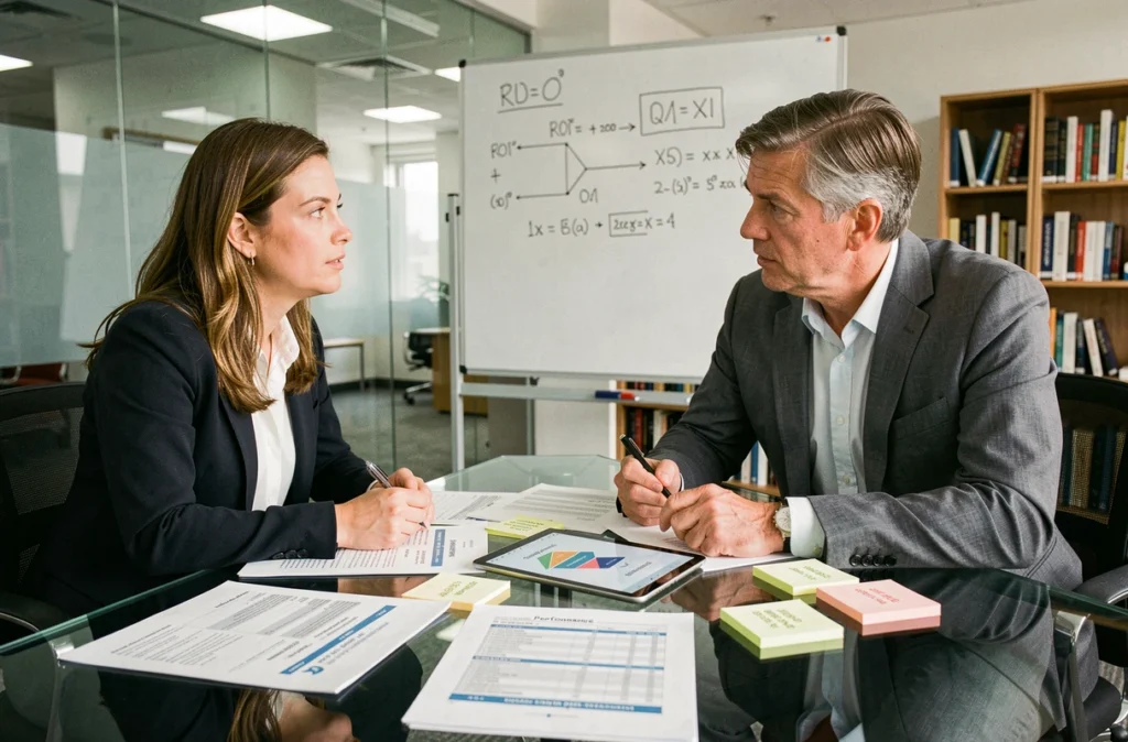 Deux professionnels du marketing analysant ensemble les rapports de retour sur investissement d'une campagne d'emailing en salle de réunion