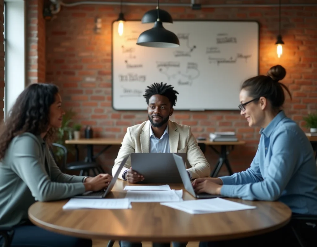Équipe de professionnels en réunion collaborative autour d'articles de blog pour anticiper les transformations de leur secteur