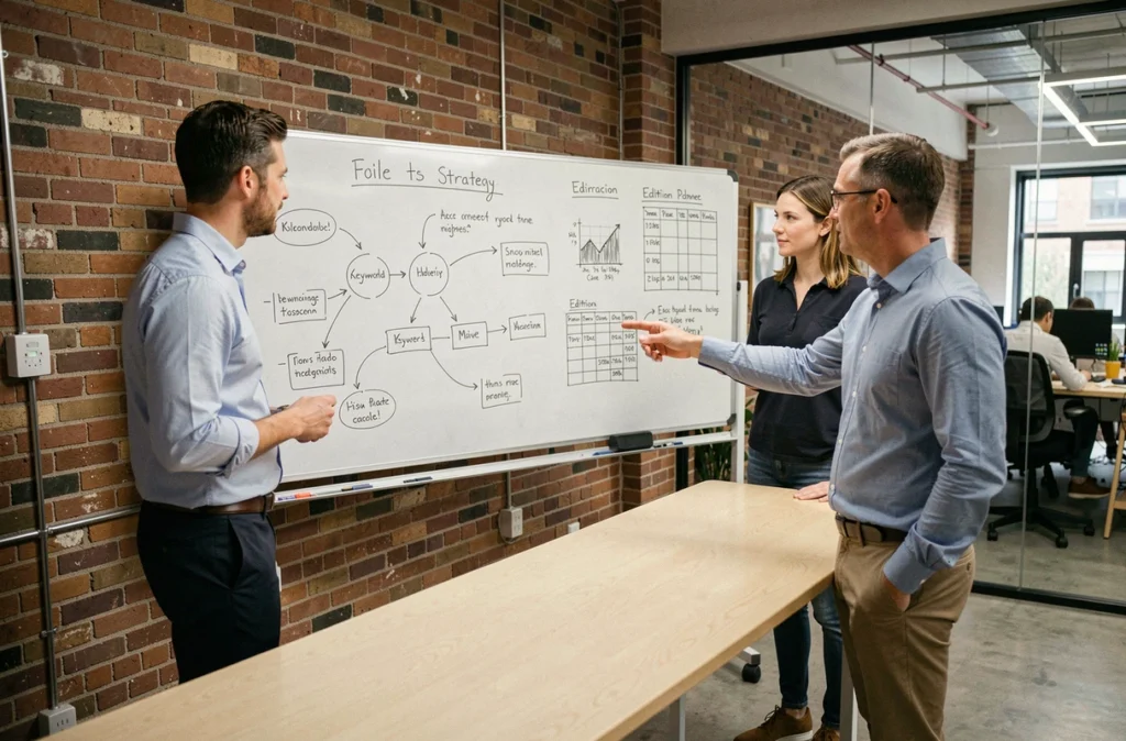 Équipe d'une entreprise de logiciels en réunion de stratégie de content marketing autour d'un tableau blanc avec des schémas et un calendrier éditorial