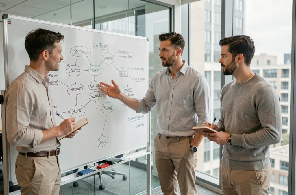 Équipe de start-up tech élaborant une stratégie de référencement naturel sur un tableau blanc dans une salle de réunion vitrée