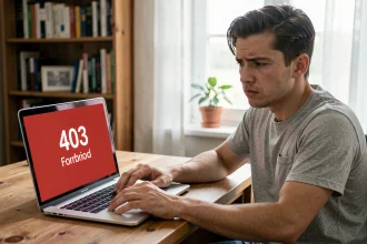 Jeune homme frustré devant un écran affichant une erreur 403 Forbidden sur un ordinateur portable