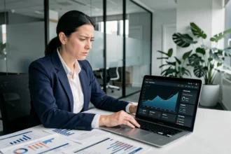 Femme marketing analysant les erreurs d'une campagne publicitaire digitale sur un tableau de bord en ligne