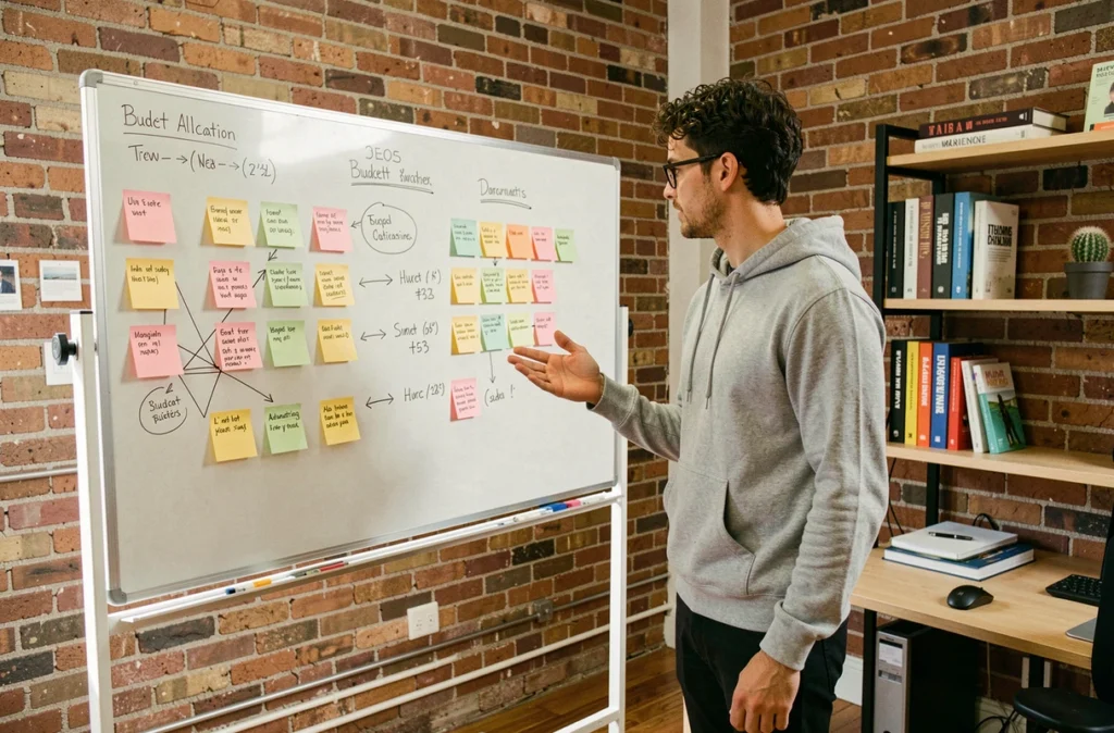 Entrepreneur identifiant les erreurs stratégiques d'une campagne publicitaire sur un tableau blanc