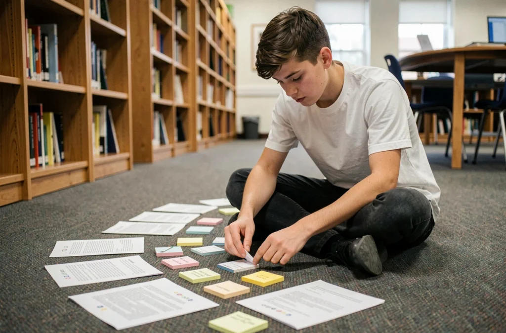 Étudiant organisant des fiches visuelles pour comprendre la méthode append des listes Python sur le sol d'une bibliothèque