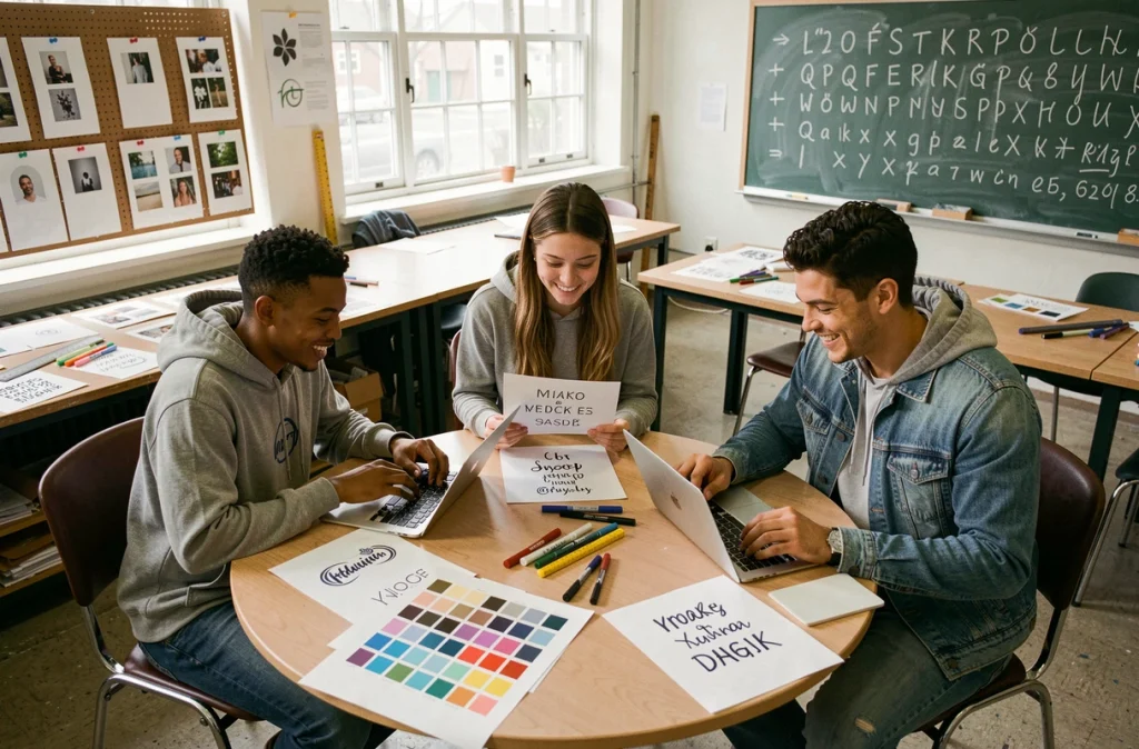 Trois étudiants en design collaborant autour d'une table avec des impressions de logos, des palettes chromatiques et des ordinateurs portables dans un atelier universitaire