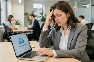 Femme frustrée devant un écran d'ordinateur affichant une page d'erreur de service de messagerie indisponible au bureau