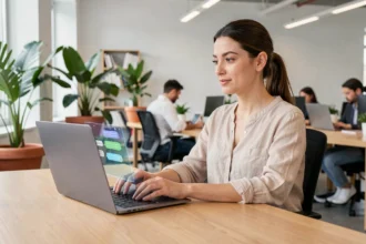 Une femme utilisant un chatbot sur son ordinateur portable dans un bureau moderne pour améliorer l'expérience client en ligne