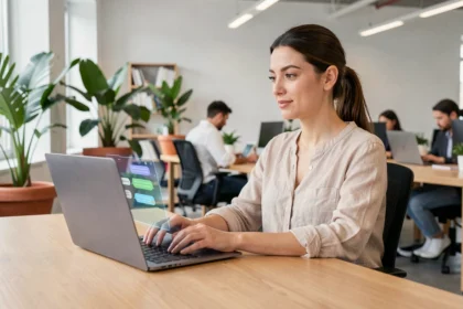 Une femme utilisant un chatbot sur son ordinateur portable dans un bureau moderne pour améliorer l'expérience client en ligne