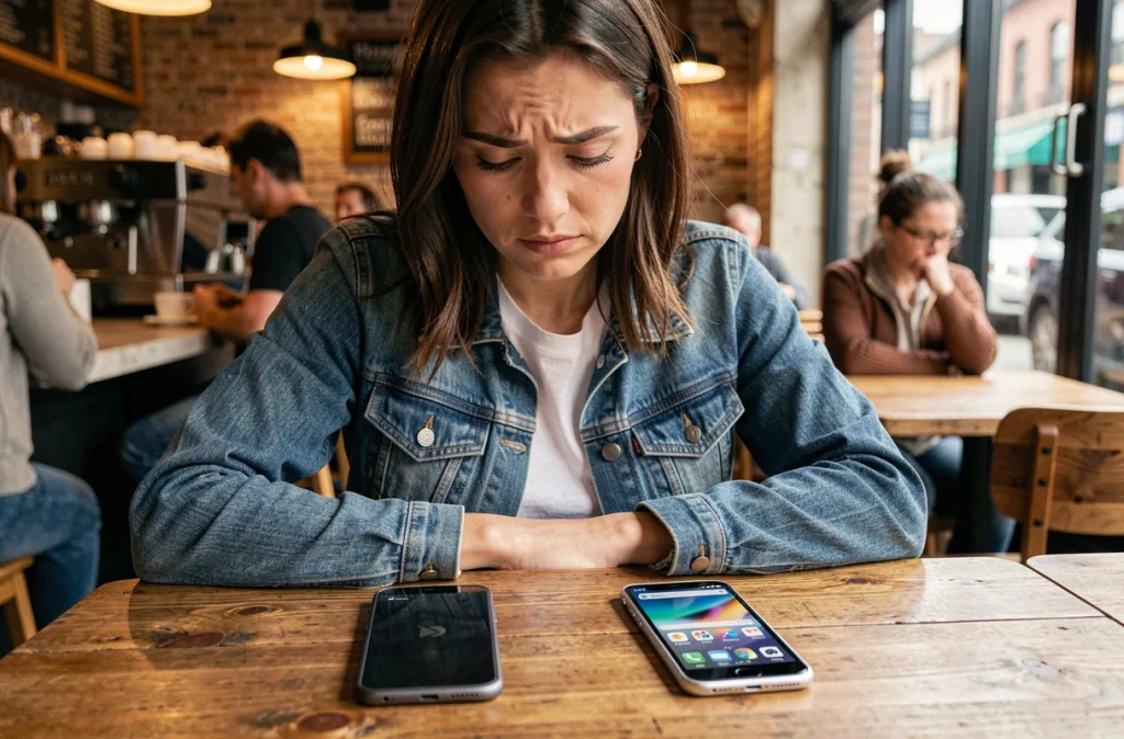 Femme comparant deux smartphones dans un café, illustration du choix téléphone rapport qualité prix