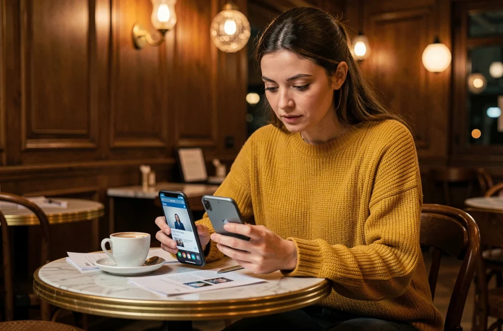 Femme comparant deux smartphones côte à côte dans un café parisien la nuit, analyse du mode photo nocturne