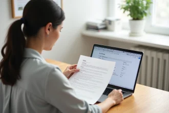 Femme consultant une feuille A4 imprimée à côté d'un ordinateur portable affichant les paramètres de résolution d'impression