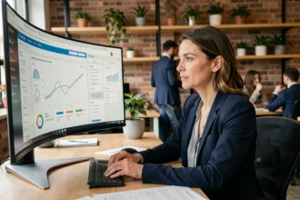 Femme d'affaires analysant des tableaux de bord de marketing automation dans un bureau moderne de PME en 2024