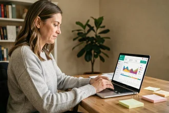 Femme consultant un rapport d'activité Google sur son ordinateur portable dans un bureau à domicile