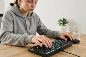 Jeune femme concentrée qui appuie rapidement sur la barre espace d'un clavier mécanique pour battre son record de vitesse de frappe