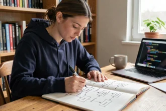 Jeune femme dessinant des schémas visuels de listes Python append dans un cahier sur un bureau en bois