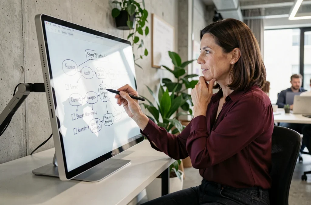 Femme dessinant des schémas de liste Python append sur une tablette tactile dans un espace de coworking moderne