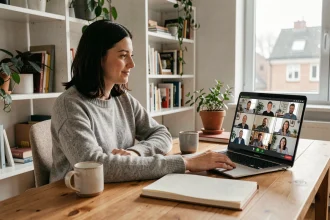 Femme en télétravail participant à une réunion virtuelle sur Grovop depuis son bureau à domicile