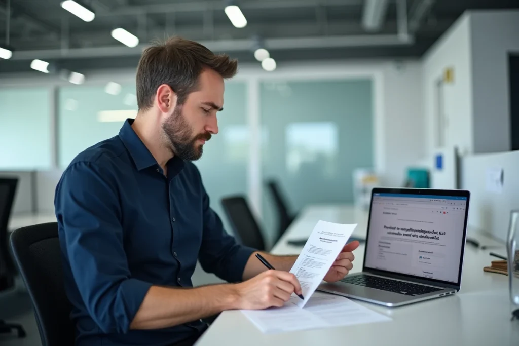 Agent administratif gérant les quotas de messagerie du webmail académique sur un ordinateur portable dans un espace de travail partagé