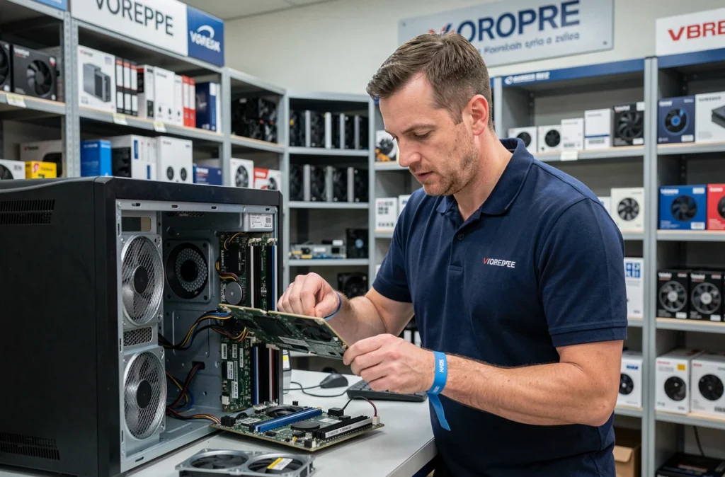 Technicien de Globale Informatique Voreppe réparant une carte mère d'ordinateur