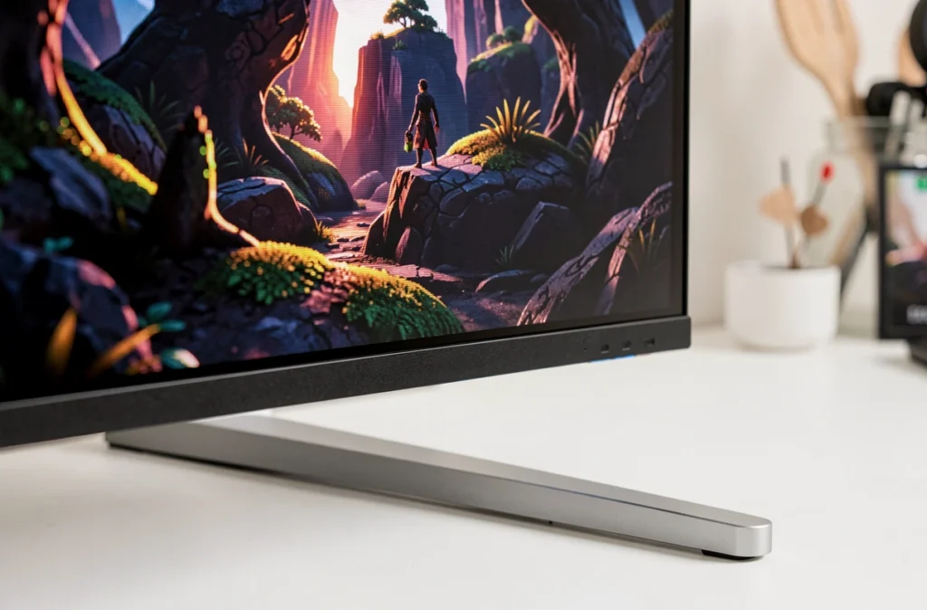 Gros plan sur un écran OLED 1440p gaming affichant des noirs profonds et des couleurs saturées d'une scène de jeu vidéo