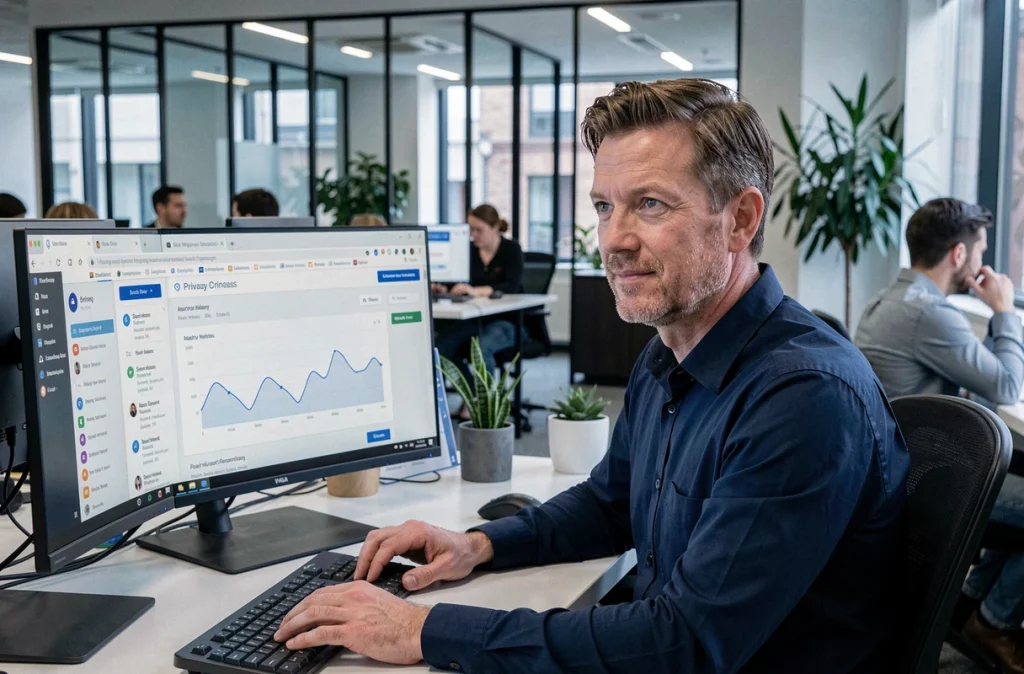 Homme analysant ses données d'activité Google sur deux écrans dans un espace de coworking moderne