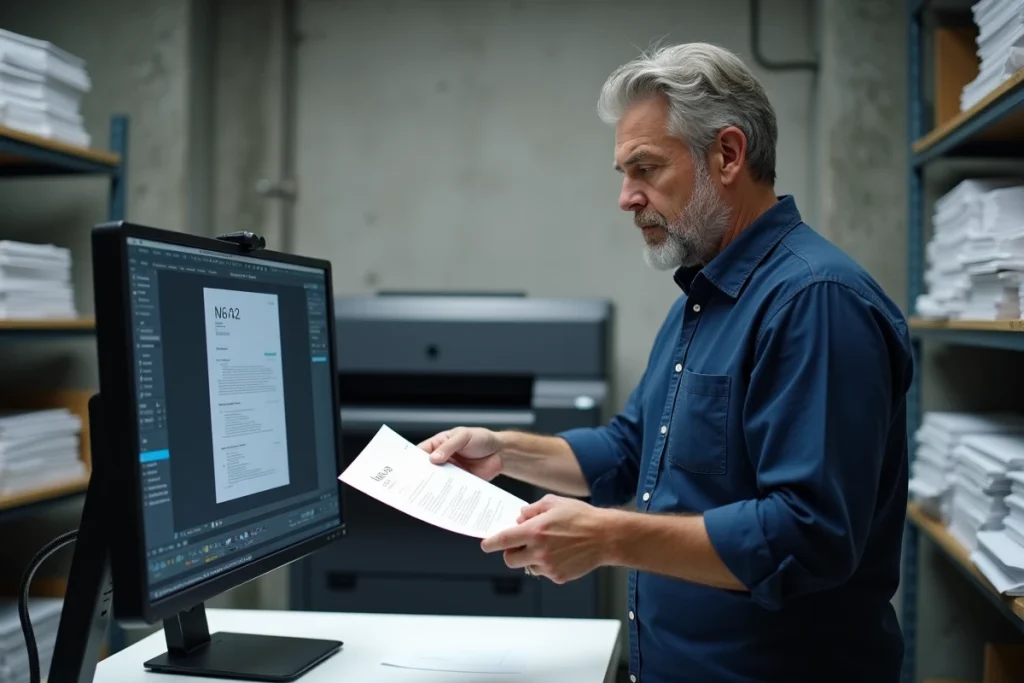 Homme comparant un document A4 imprimé avec son équivalent numérique sur un moniteur affichant les réglages de résolution en pixels