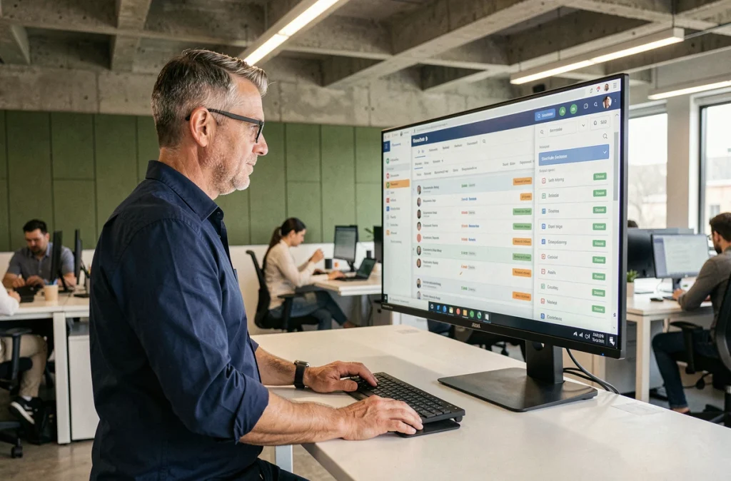 Professionnel en espace de coworking utilisant un outil de gestion d'équipe à distance comme Grovop