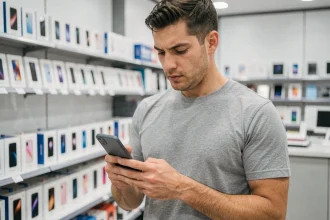Homme examinant un smartphone milieu de gamme dans un magasin d'électronique, thème achat téléphone rapport qualité prix 2026