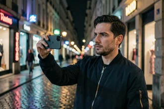Homme photographiant une rue urbaine nocturne avec un smartphone en mode nuit, reflets néon sur les pavés mouillés