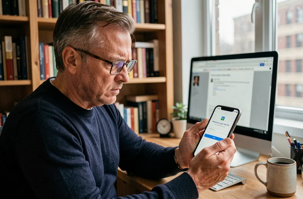 Homme en télétravail consultant une notification d'erreur de messagerie web sur son smartphone dans un bureau à domicile
