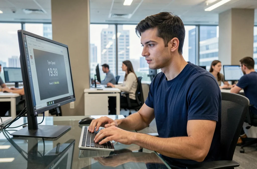 Homme en compétition de vitesse de frappe clavier dans un bureau moderne regardant un chronomètre sur écran