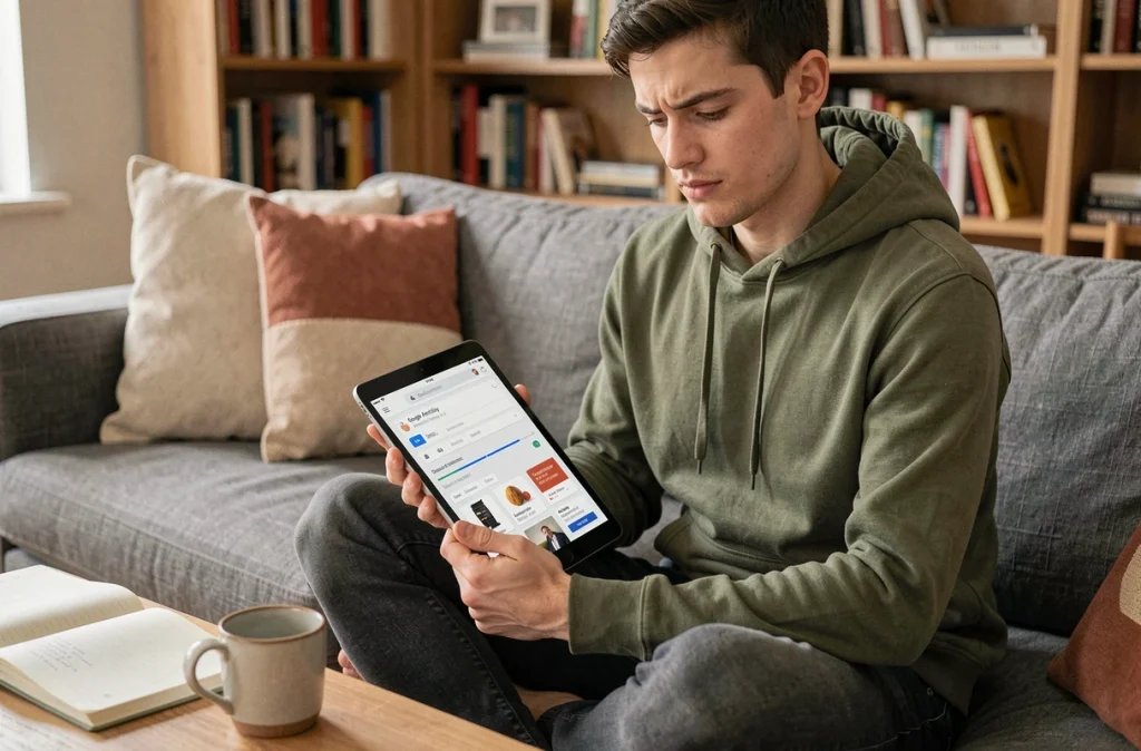 Jeune adulte consultant son historique d'activité Google sur une tablette depuis son canapé