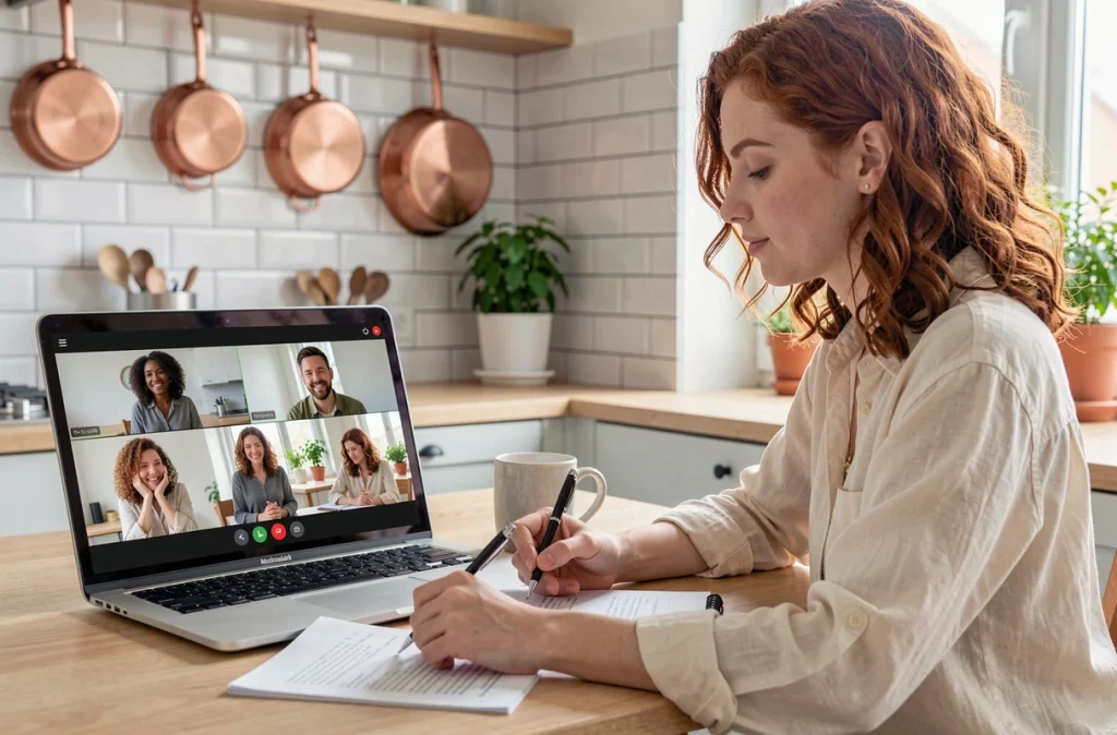 Jeune femme en télétravail en visioconférence avec son équipe à distance via une plateforme collaborative