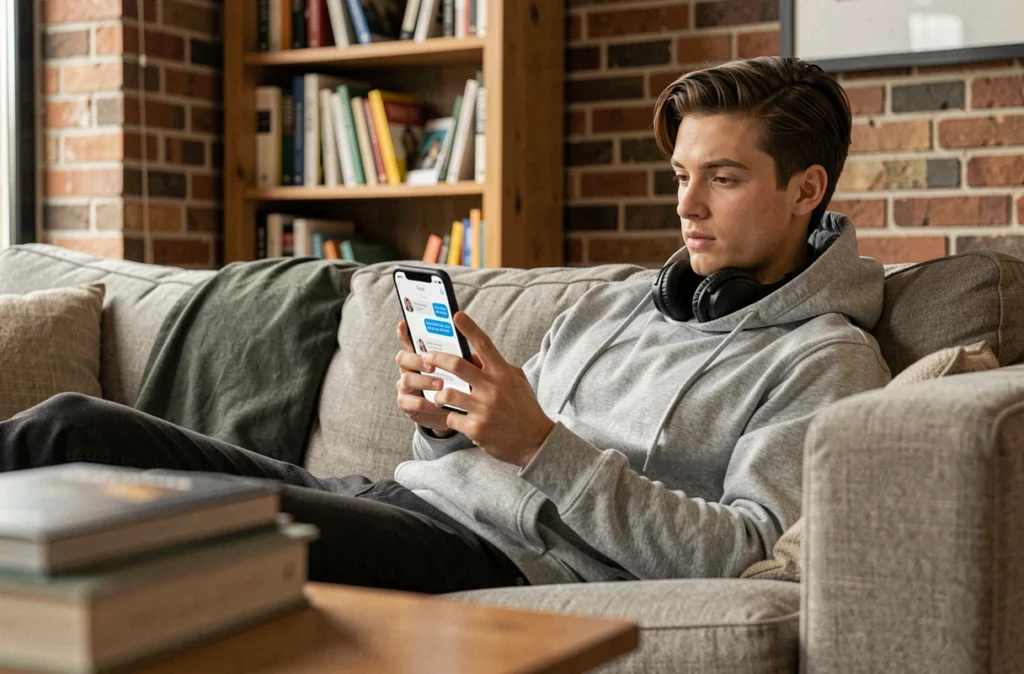 Un jeune homme interagissant avec un chatbot sur son smartphone depuis son canapé à la maison pour obtenir un support client en ligne