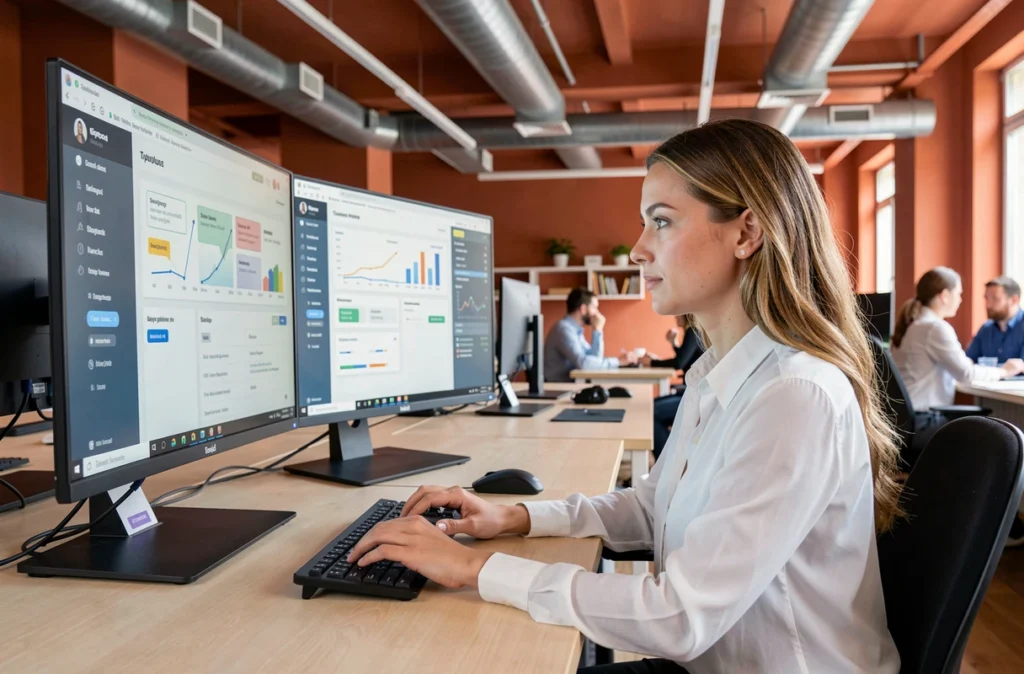 Spécialiste en marketing digital analysant une stratégie SEO assistée par intelligence artificielle dans une agence à Toulouse