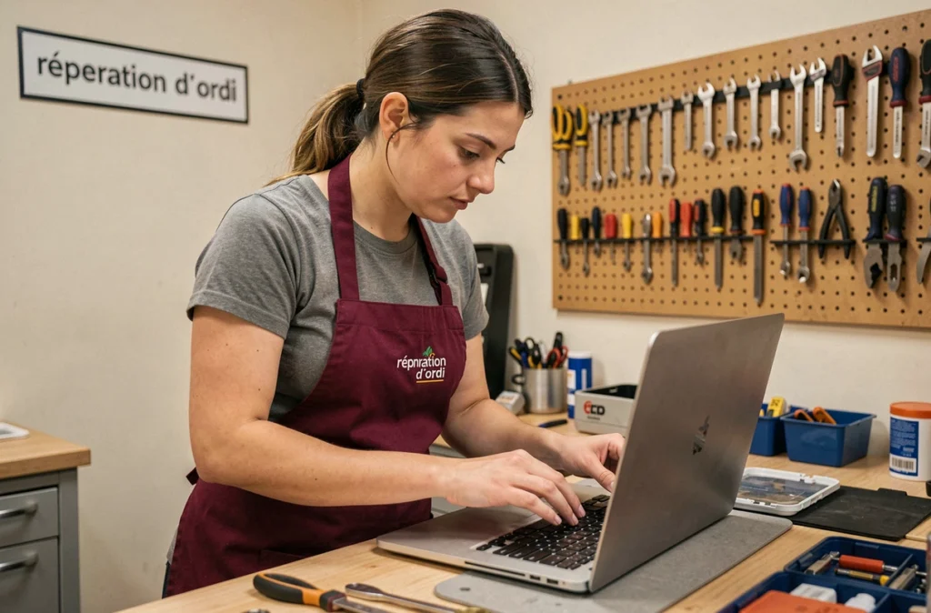 Ma Réparation D'Ordi : technicienne assemblant un ordinateur portable dans son atelier