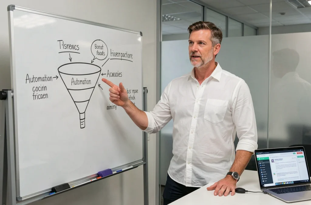 Manager de PME présentant une stratégie de marketing automation sur tableau blanc lors d'une réunion d'équipe