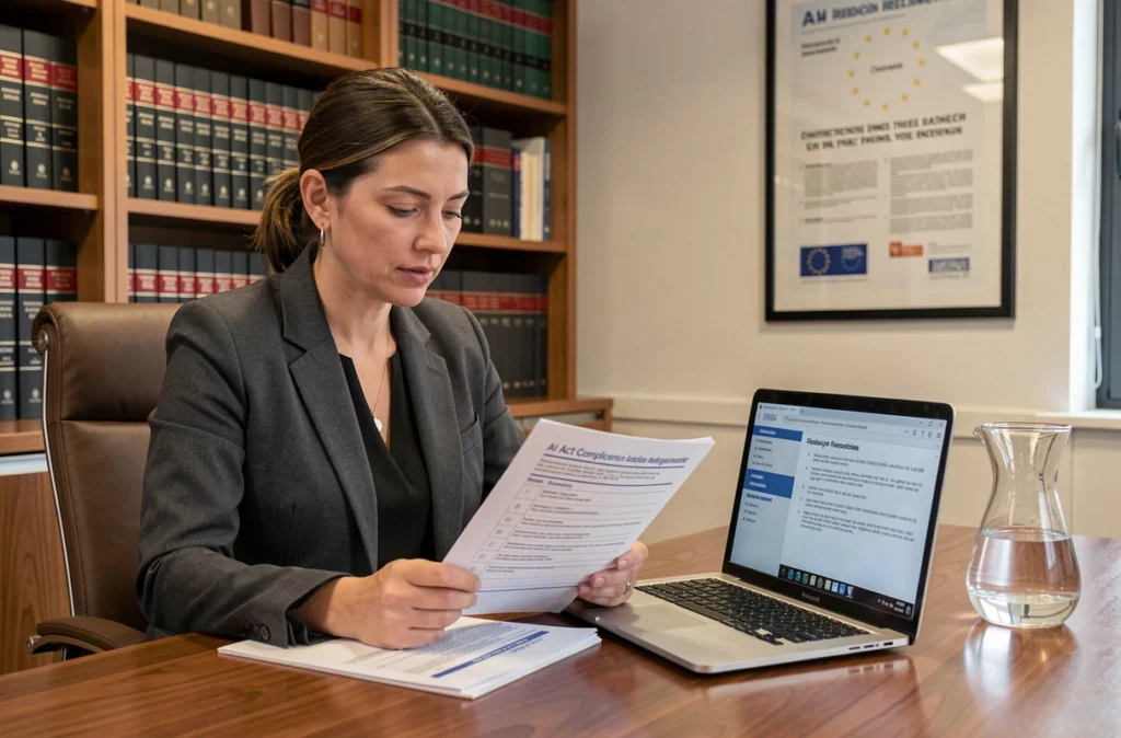 Auditrice spécialisée examinant un dossier de conformité AI Act dans un bureau professionnel en Occitanie