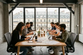 Équipe de développeurs d'applications mobiles collaborant dans un bureau tech moderne en Île-de-France avec vue sur Paris
