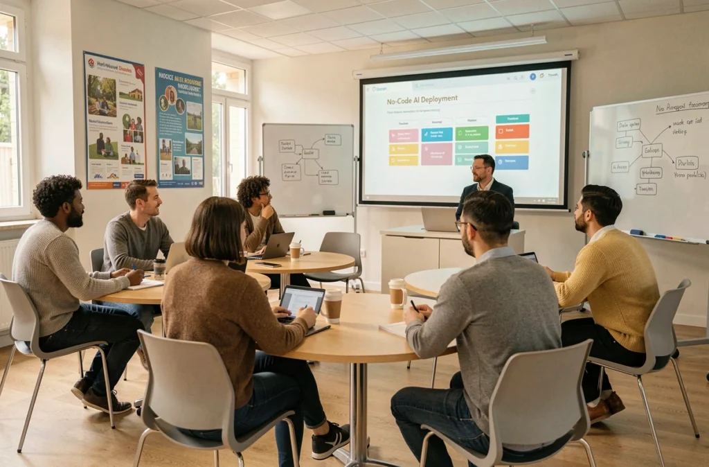 Groupe d'apprenants adultes participant à une formation de déploiement IA sans code dans une salle à Toulouse