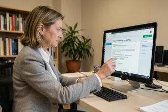 Femme administratrice paramétrant les notifications de son webmail sur un ordinateur de bureau dans un bureau de rectorat