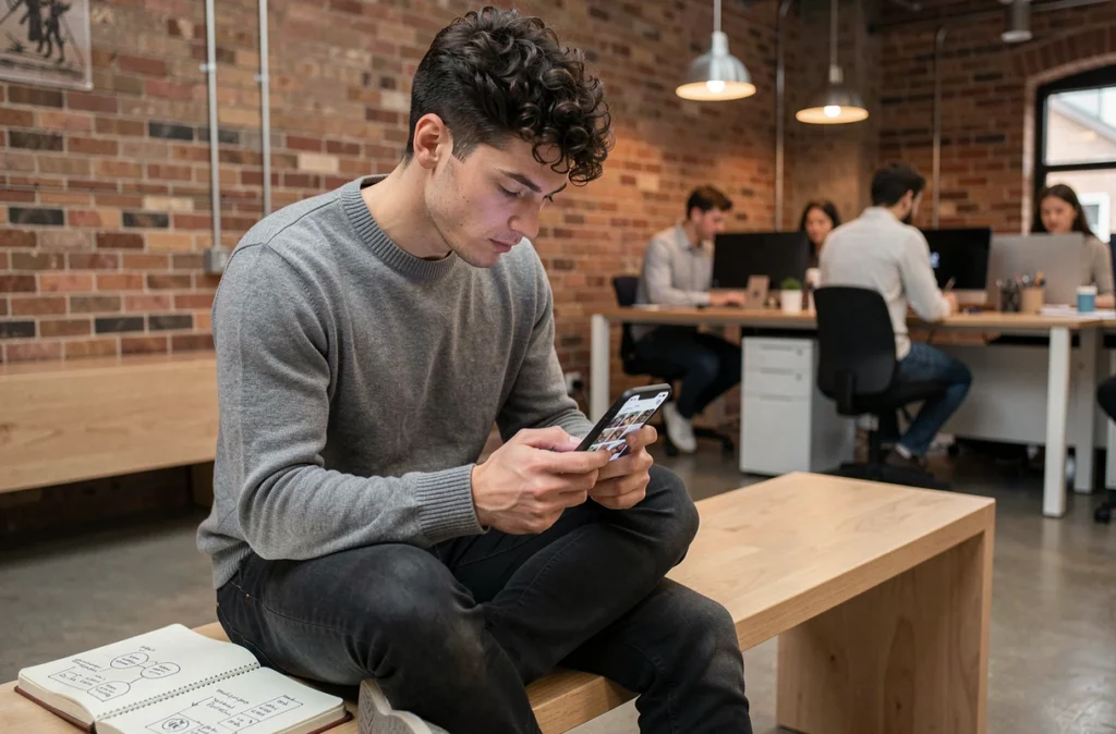Jeune professionnel du marketing digital consultant un profil de marque sur les réseaux sociaux depuis un espace de coworking